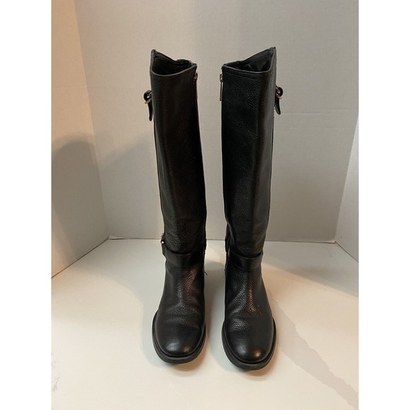 Tory Burch Shoes - Tory Burch Tall Black Leather Riding Boots Logo Buckle Size 8M